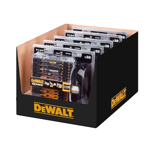 DEWALT DT70740T display box with multiple packs of 38-piece screwdriver and drill bit sets.