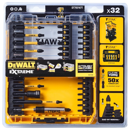 DEWALT DT70740T set with 32 screwdriver bits in a yellow plastic case. Labels show features and compatibility.