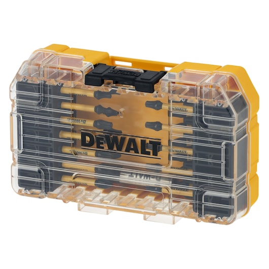 DEWALT DT70745T bit set in a clear plastic case, showing multiple tool bits organized inside.