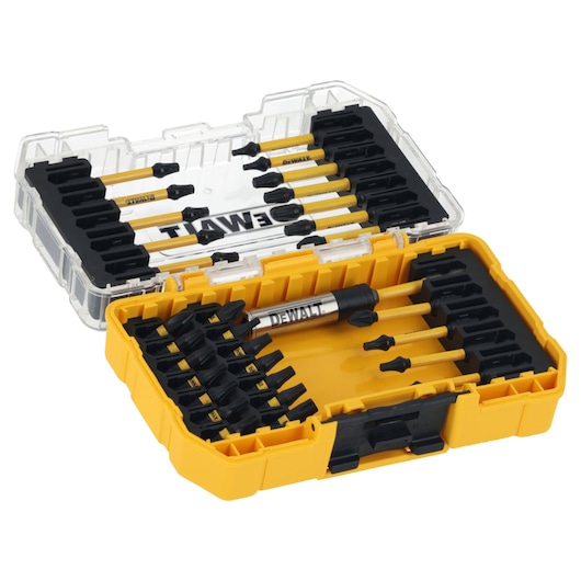 DEWALT yellow case with assorted screwdriver bits and holder, organized in rows for tool storage and transport.