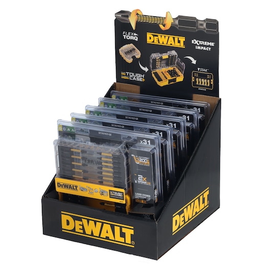DEWALT display with multiple drill bit sets in clear cases, branded with FlexTorq and ToughCase+.