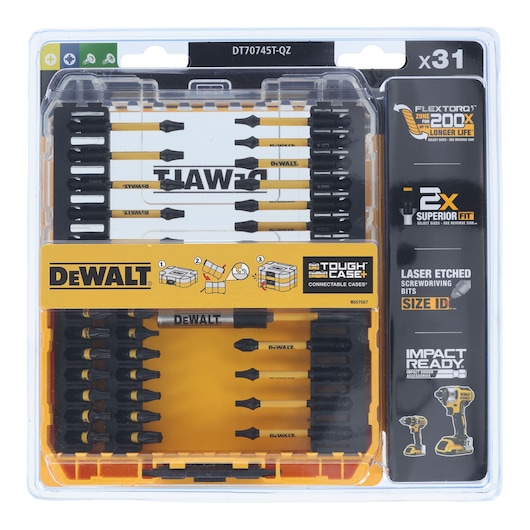 DEWALT DT70745T 31-piece screwdriving bit set in yellow Tough Case, suitable for impact drivers.