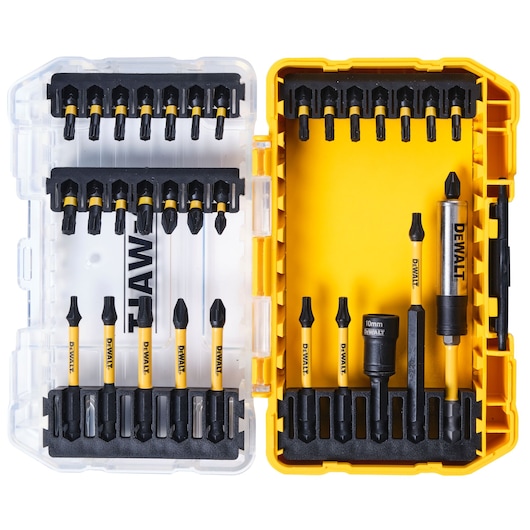 DEWALT DT70747T drill and screwdriver bit set in a yellow plastic case with multiple bits and accessories.