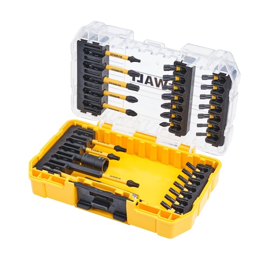 Yellow DEWALT case with assorted screwdriver bits and holder, organized in rows, lid is open.