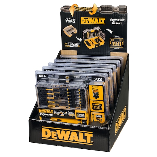 DEWALT DT70747T drill bit set display box, holding multiple tough case packs for extreme impact use.