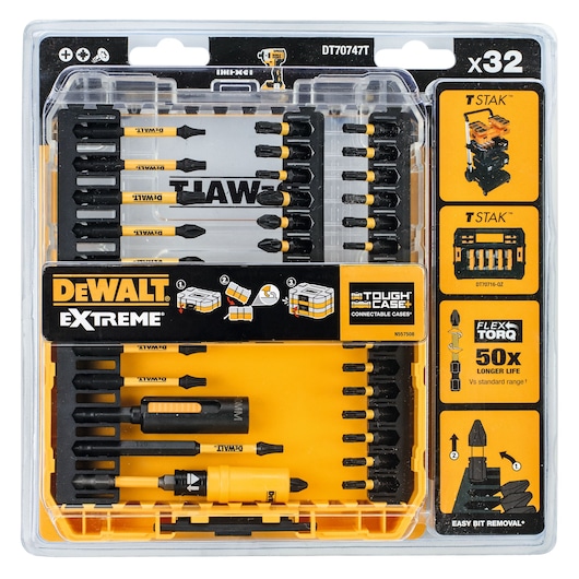 DEWALT DT70747T set of 32 screwdriver bits and accessories in a yellow Tough Case with product info on the packaging.