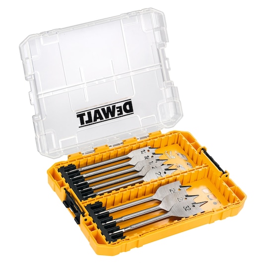 DEWALT yellow case with metal drill bits, lid open, bits organized inside. Brand name visible on clear lid.