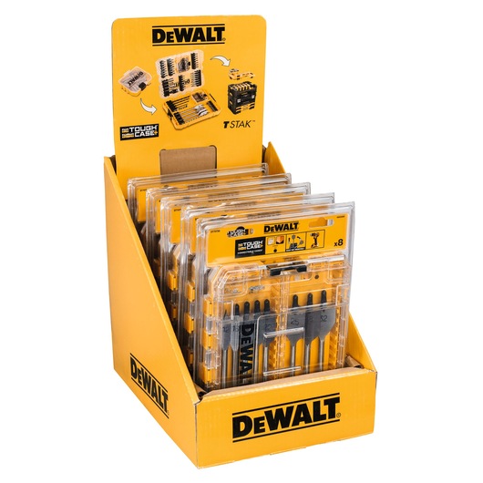 DEWALT DT70750 drill bit sets displayed in a yellow branded retail box with clear packaging.