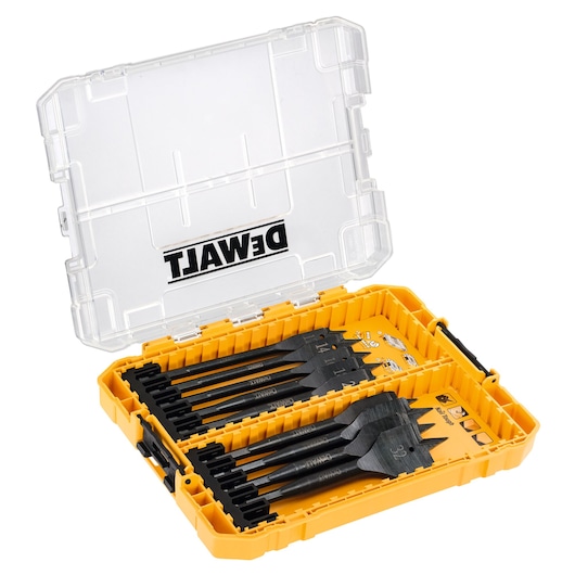 DEWALT yellow case with multiple black drill bits neatly arranged inside, transparent lid partially open.