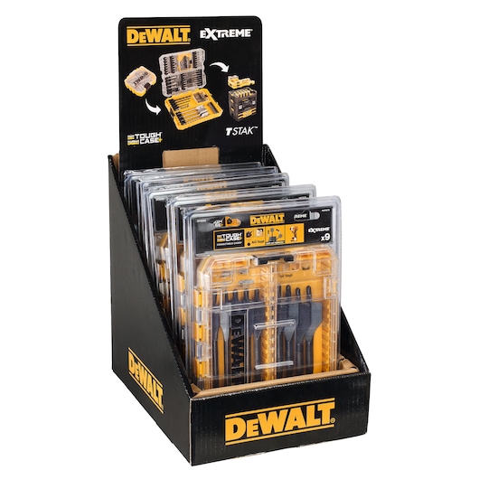 DEWALT DT70751 Extreme drill and bit set display box with multiple clear cases, branded yellow and black packaging.