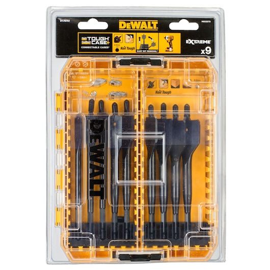 DEWALT DT70751 Tough Case set with 9 black drill bits in a transparent yellow organizer box.