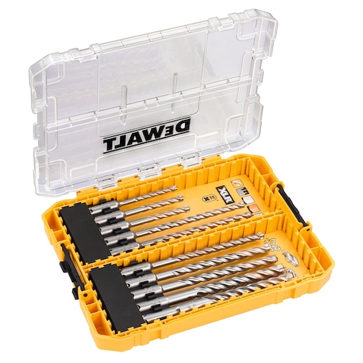 Yellow DEWALT drill bit set in a plastic case with a transparent lid, containing multiple drill bits of various sizes.