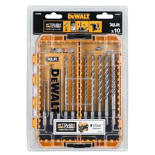 DEWALT DT70752 Tough Case containing 10 drill bits with XLR branding, shown in clear packaging.