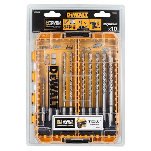 DEWALT DT70753 Tough Case with 10 drill bits, organized in a clear plastic box for easy access and portability.