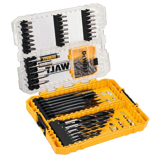 DEWALT DT70758 drill and bit set in a yellow and clear plastic case, organized for easy access.
