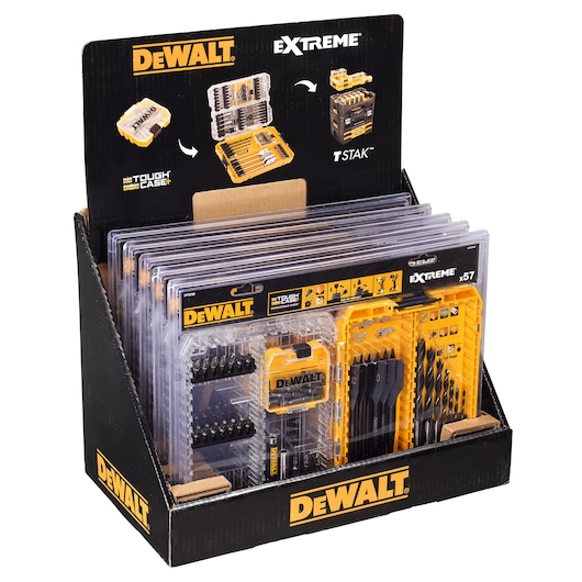 DEWALT DT70758 Extreme drill and bit set display box with multiple sets inside, in black and yellow packaging.