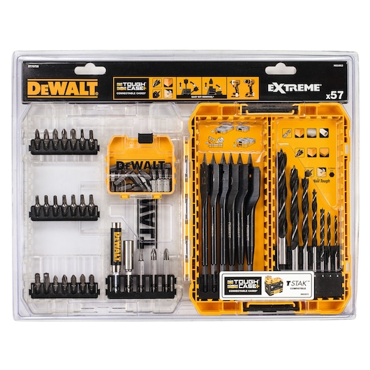DEWALT DT70758 set with drill bits and screwdriver bits in a yellow and black case, 57-piece Extreme series.