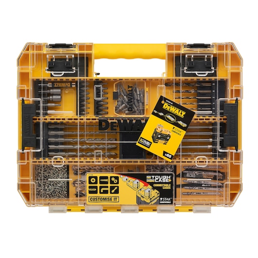 DEWALT drill and tool bit set in a transparent yellow case with compartments and a yellow product leaflet.