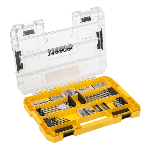 DEWALT yellow tool case with various drill bits and accessories, clear lid open, organized compartments.