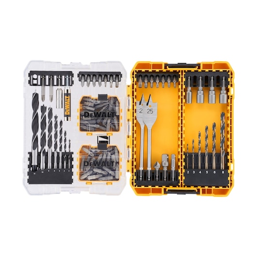 DEWALT drill and bit set in a yellow plastic case, with various drill bits and accessories organized inside.