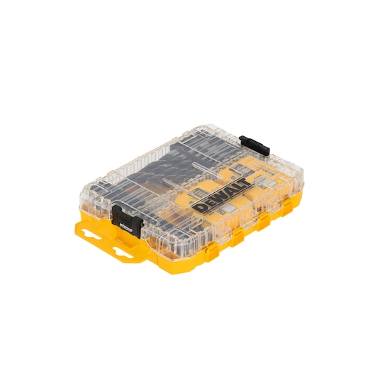 DEWALT DT70784 yellow and clear plastic case with assorted drill bits inside, shown closed on a white background.