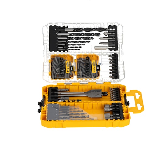 DEWALT DT70784 yellow case open, showing assorted drill bits and screwdriver bits organized in compartments.