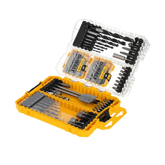 DEWALT DT70784 yellow drill and screwdriver bit set in open plastic case, various bits organized inside.