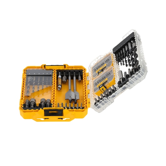 DEWALT DT70784 drill and bit set in a yellow and clear plastic case with assorted tools organized inside.