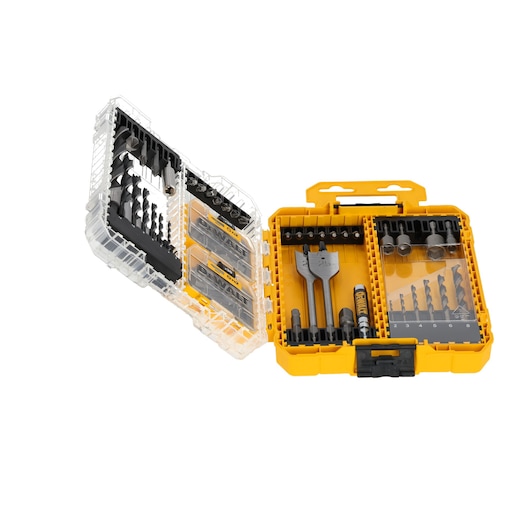 DEWALT DT70784 drill and screwdriver bit set in open yellow storage case with clear lid.