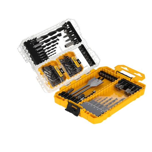 DEWALT DT70784 yellow tool case with assorted drill bits, screwdriver bits, and accessories, shown open.
