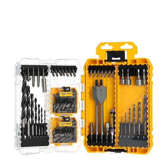 DEWALT drill bit and accessory set in a yellow case with assorted bits, drivers, and spade bits organized inside.