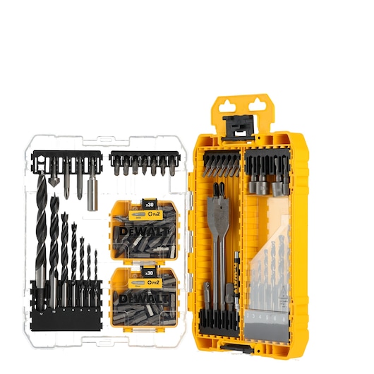 DEWALT DT70784 drill and bit set in a yellow and clear case, showing various drill bits and accessories.