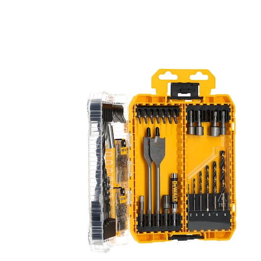 DEWALT DT70784 drill and bit set in yellow case with clear lid, containing various drill bits and accessories.