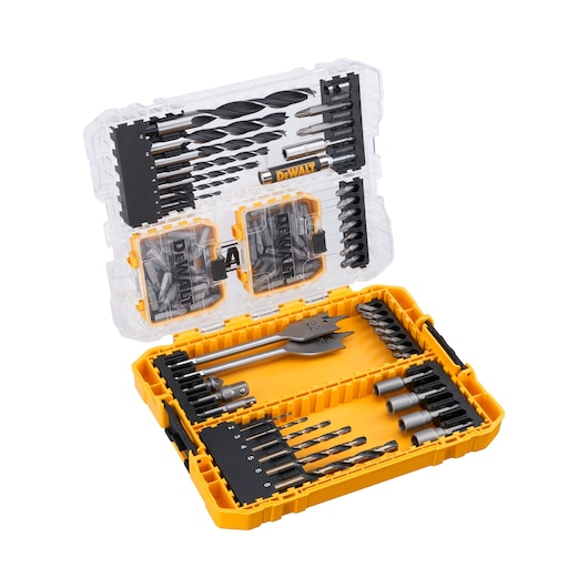 DEWALT drill and screwdriver bit set in a yellow plastic case with compartments for organized tools.