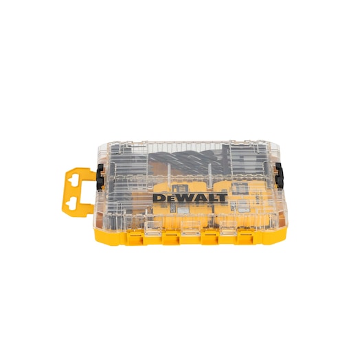 DEWALT yellow and clear storage case with drill bits inside, shown closed on a white background.