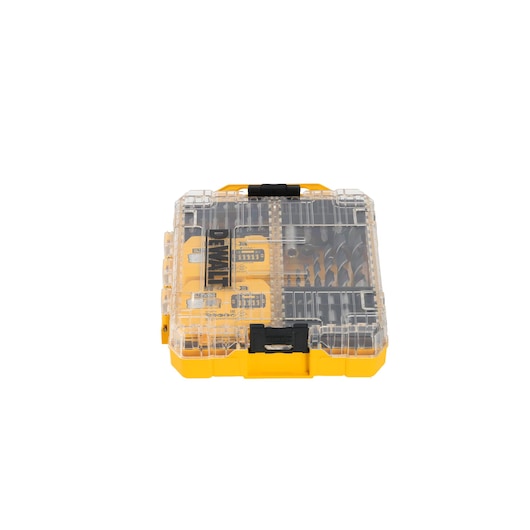 DEWALT DT70784 yellow tool case with clear lid, containing assorted drill and driver bits.