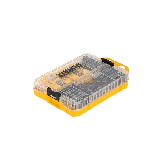 DEWALT yellow and clear plastic case with drill bits, closed with black latches.