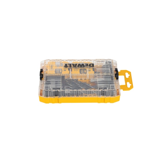 DEWALT yellow and clear storage case with drill bits inside, shown closed, viewed from the front.