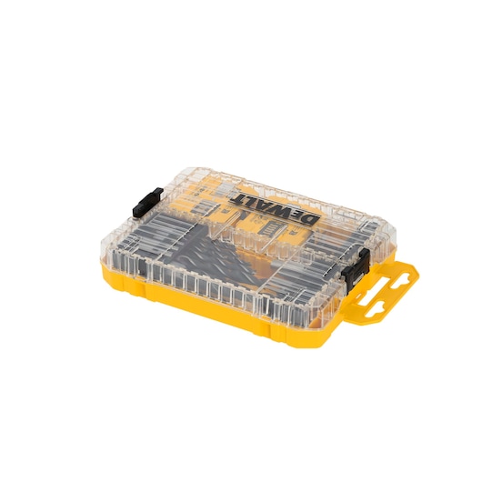 DEWALT yellow and clear plastic case containing assorted drill bits.