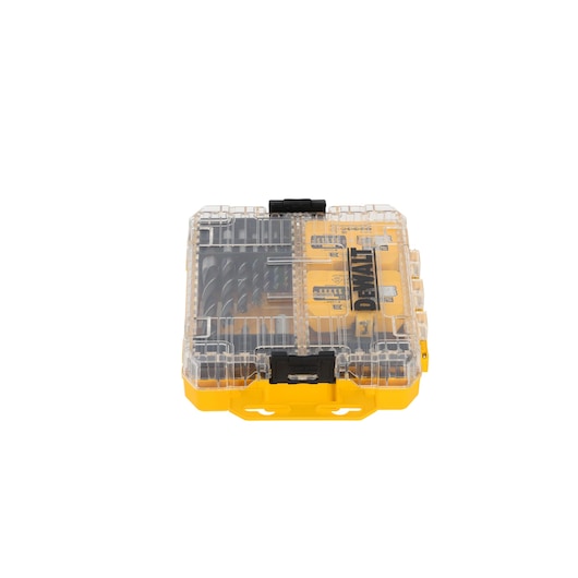 DEWALT DT70784 transparent plastic case with yellow base, containing drill and screwdriver bits.