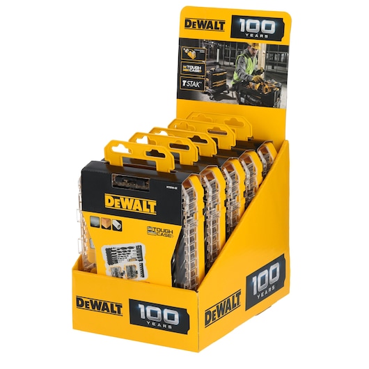 DEWALT DT70784 tool cases in a yellow display box, marked with '100 Years' anniversary branding.