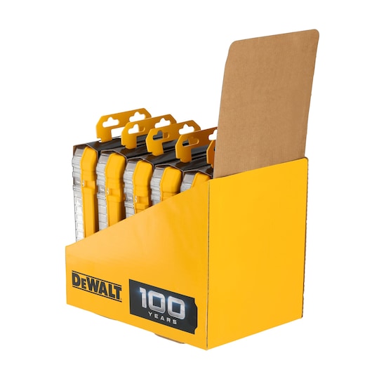 Yellow DEWALT display box holding multiple tool cases with 100 Years branding on the side.