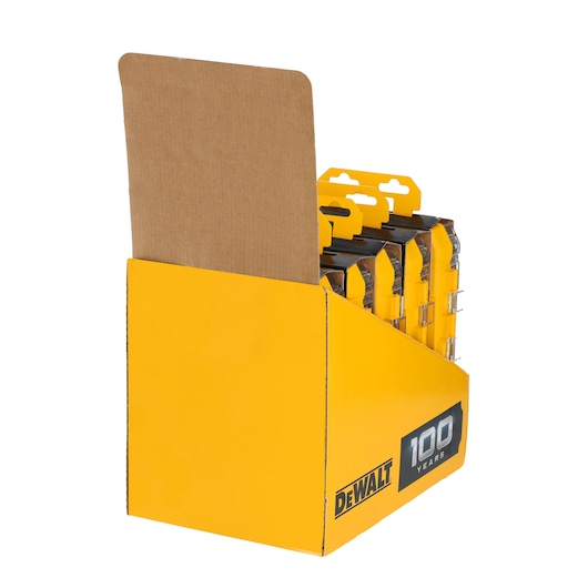 Yellow DEWALT display box with multiple tool storage cases and 100 Years label on the side.