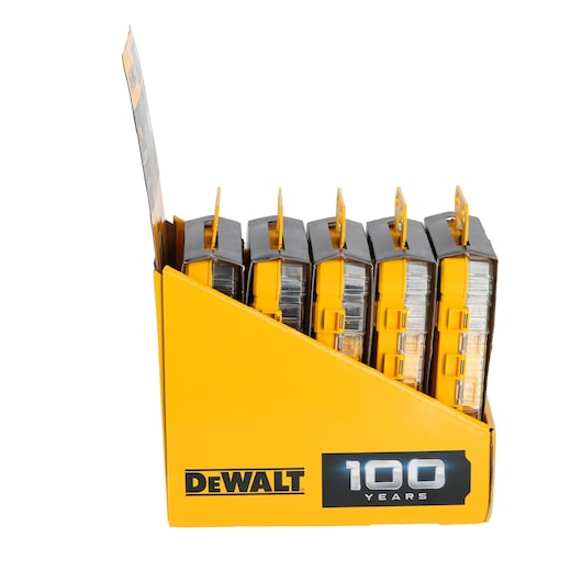 DEWALT box with five yellow and black storage cases, 100 Years logo visible on the side.