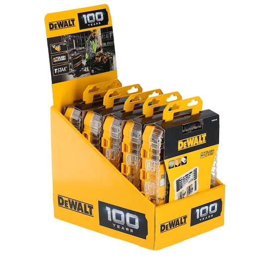 DEWALT 100 Years Tough Case display with multiple tool cases, yellow and black branded packaging.