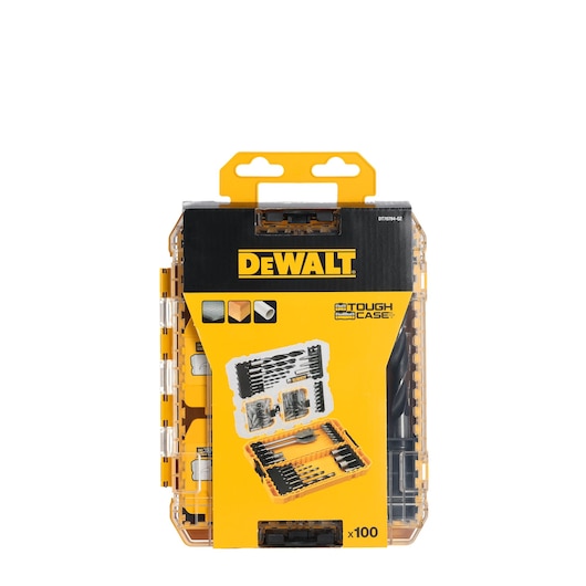 DEWALT DT70784 Tough Case with 100-piece drill and driver kit in yellow and black packaging.