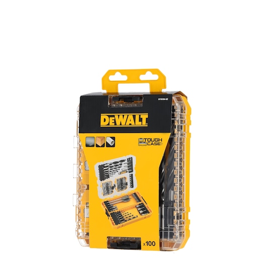 DEWALT DT70784 Tough Case set with various drill bits and accessories, yellow plastic case, front view.