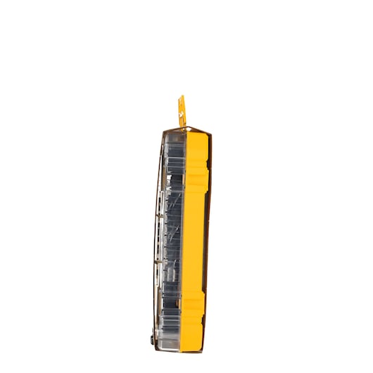Side view of a DEWALT yellow and transparent plastic tool case against a white background.