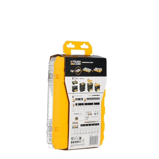 DEWALT DT70784 Tough Case, yellow plastic storage box with product information and images on the back.