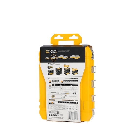 DEWALT DT70784 Tough Case, connectable storage box with product info on back, yellow and black plastic.